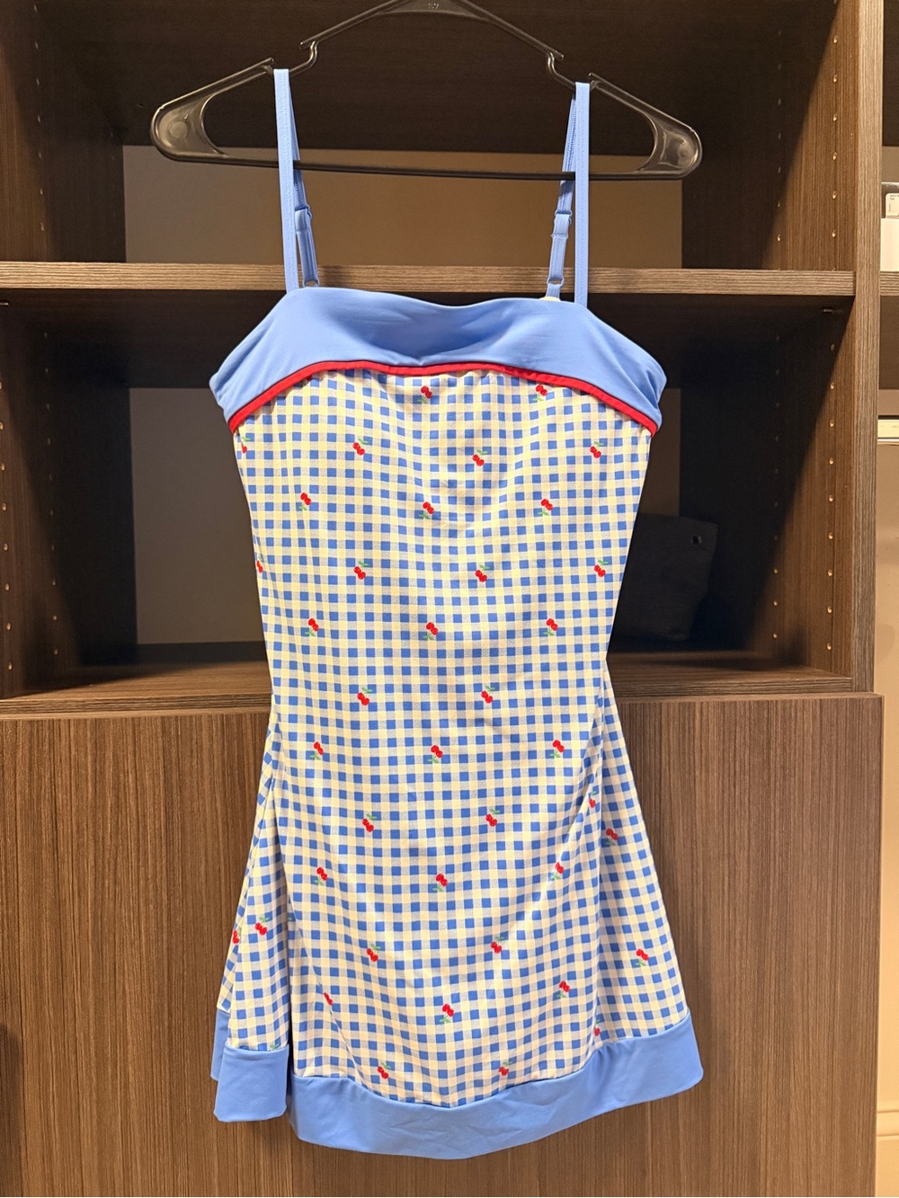 All in Motion Light Blue Gingham One-Piece Athletic Dress with Red CherryAccents